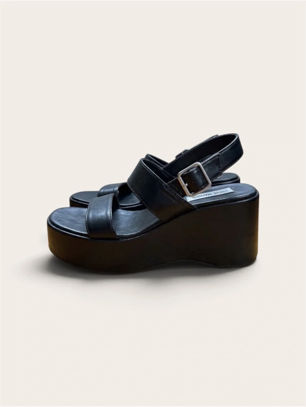 Steve Madden Black Platform Wedge Sandals with Buckle Strap